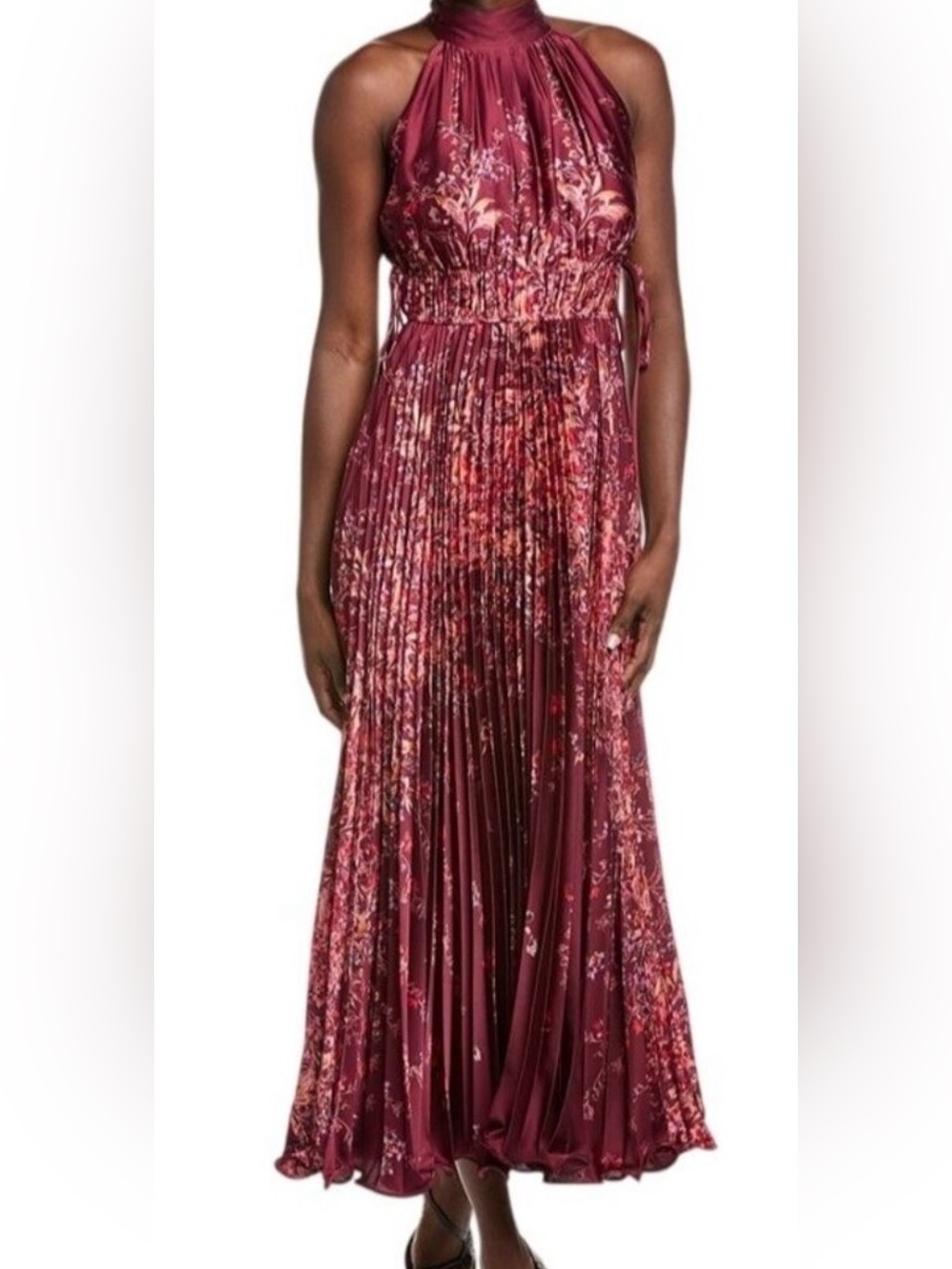 Taylor Burgundy Floral Halter Pleated Maxi Dress